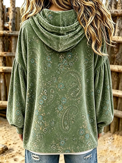 Hot Sale-Women Vintage Paisley Print Velvet Hoodie Top