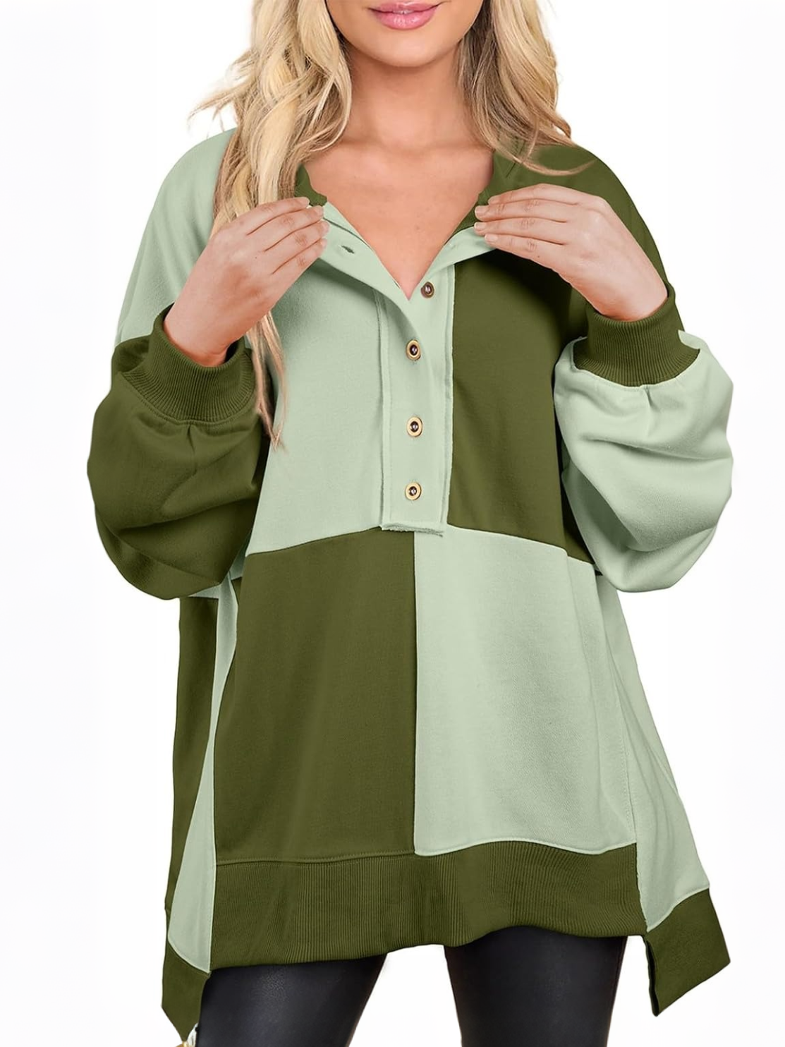 Women's Color Block Henley Oversized Sweatshirt