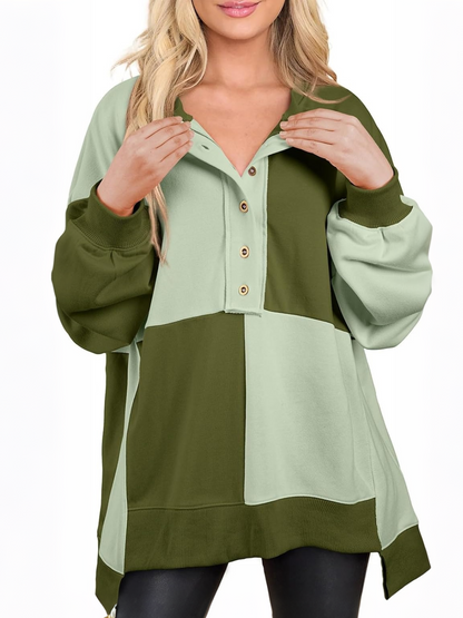Women's Color Block Henley Oversized Sweatshirt