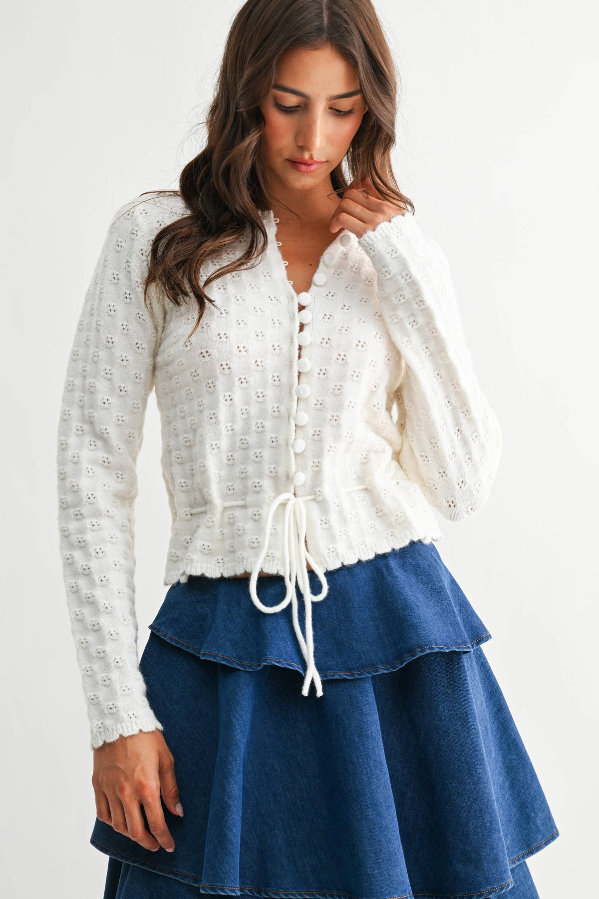 Women's Hollow Out Crochet Cardigan, V Neck Tie Front Long Sleeve Knit Crop Top