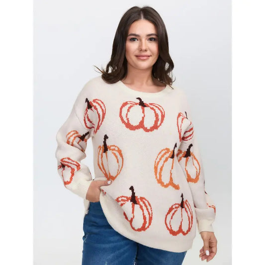 🔥Hot Sale-Women's Plus Size Pumpkin Print Crew Neck Sweater, Long Sleeve Casual Fall Top