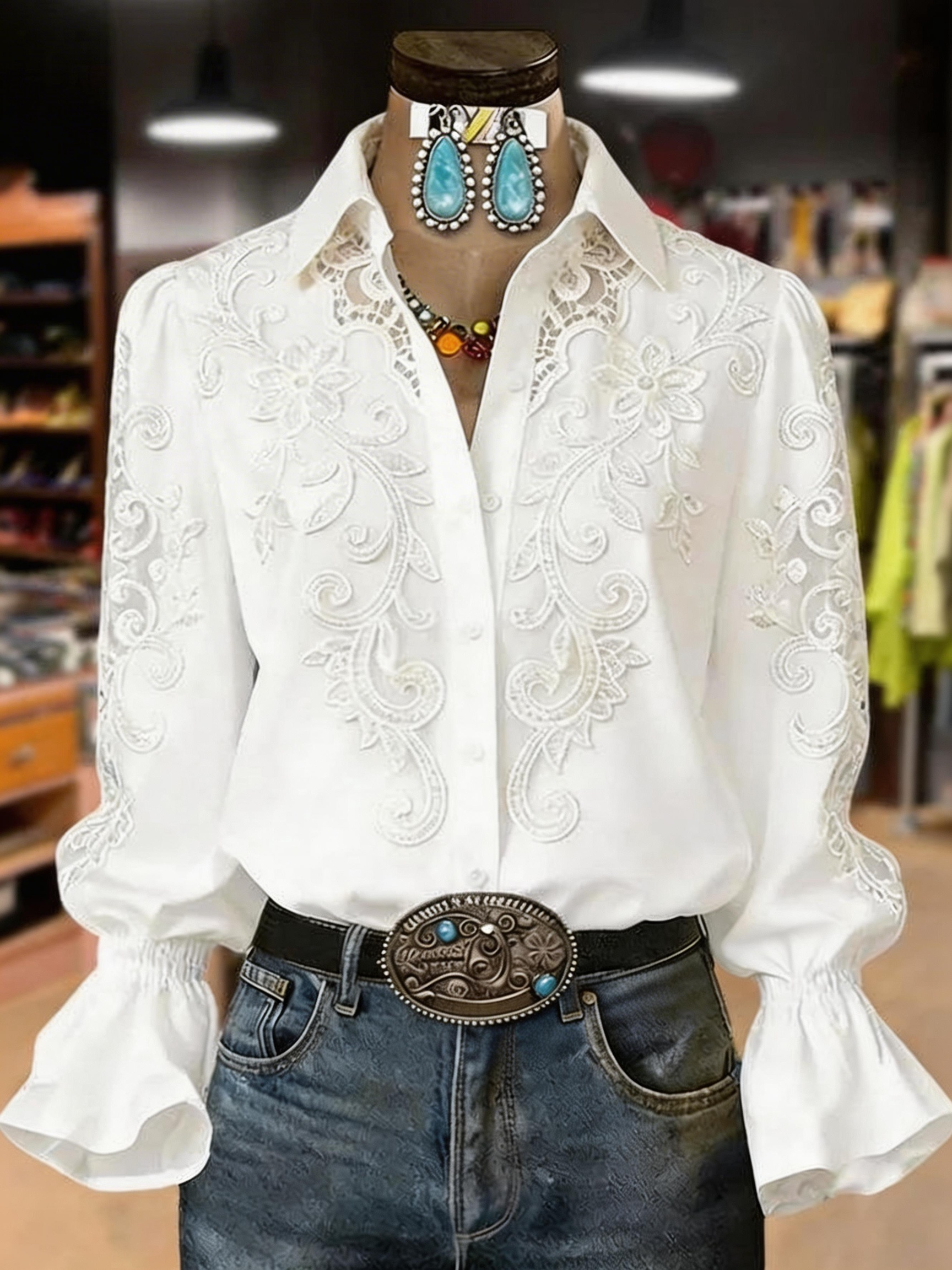 Vintage Flower Embroidered Flared Cuffs Blouse