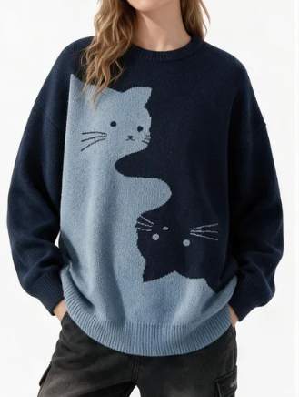 Cartoon Cat Round Neck Long Sleeve Sweater Preppy Style