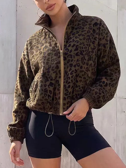 Women Leopard Print Zip Up Cropped Jacket With Drawstring Hem