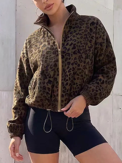 Women Leopard Print Zip Up Cropped Jacket With Drawstring Hem