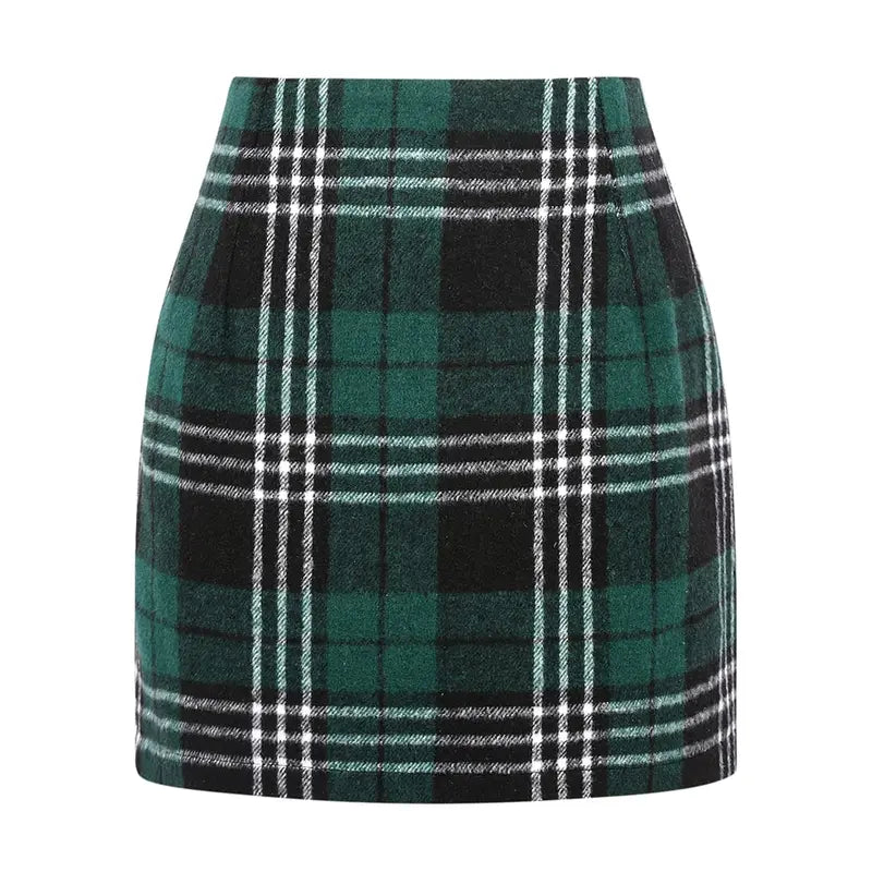 Women's High-Waist Plaid Fitted Mini Skirt, Woolen Bodycon Skirt