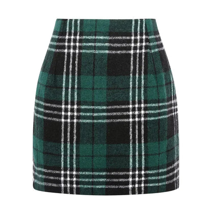 Women's High-Waist Plaid Fitted Mini Skirt, Woolen Bodycon Skirt