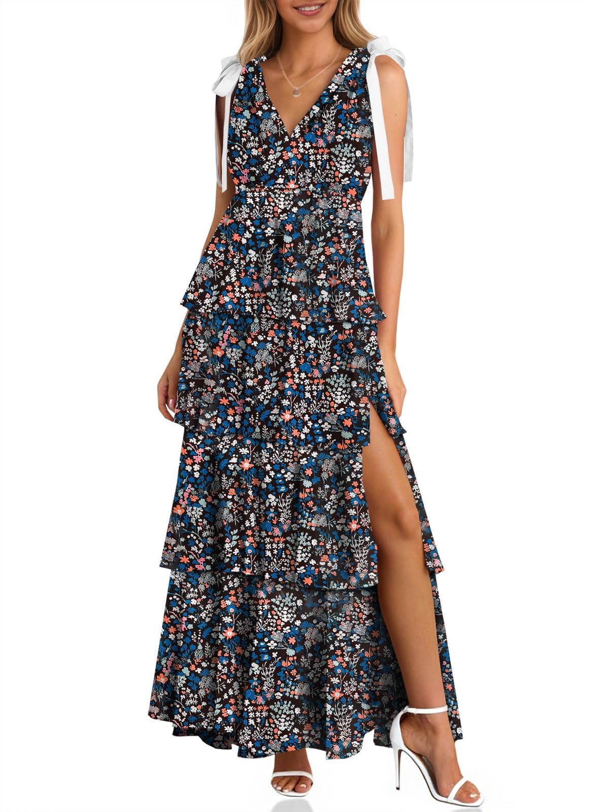 🔥Hot Sale--Women's Boho Floral Tie Strap V Neck Ruffle Tiered Maxi Dress