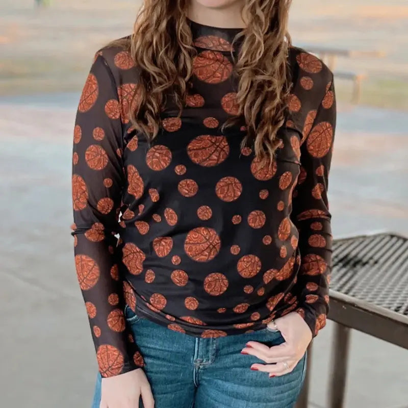 Women's Fashion Black Sheer Mesh Long-Sleeved Printed Top