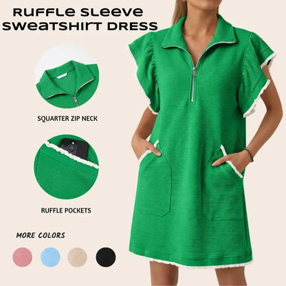 Womens Ruffle Sleeve Sweatshirt Dress Summer Oversized Zipper V Neck Mini Dresses