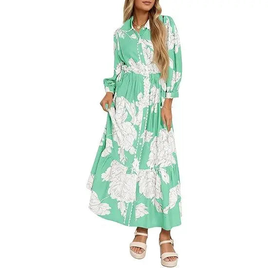 Women’s Maxi Shirt Dress Casual Floral Collared 3/4 Long Sleeve Drawstring Waist Fall Button Down Dresses