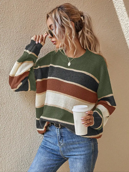 Color Block Striped Knit Sweater, Drop Shoulder Loose Long Sleeve Jumper for Fall Winter