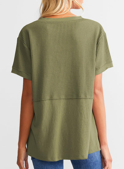 Hot Sale-Women's Casual V Neck Waffle Knit Tops Short Sleeve T Shirts