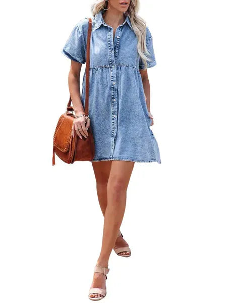 Women's Short Sleeve Button Down Flowy Tiered Babydoll Denim Dress（Buy 2 Free Shipping）