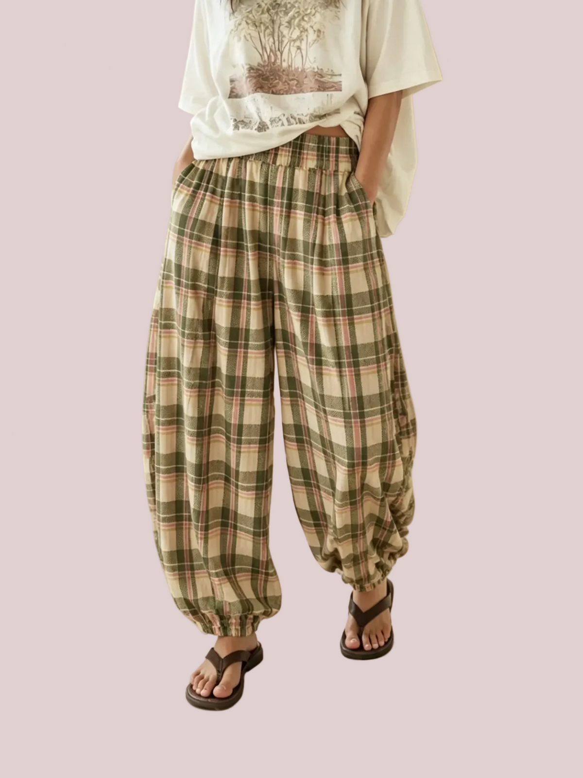 Women's Boho Plaid Elastic Waist Baggy Jogging Pants