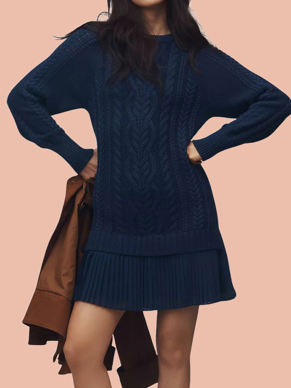 Women's Crewneck Cable Knit Sweater Mini Dress (Buy 2 Free Shipping)