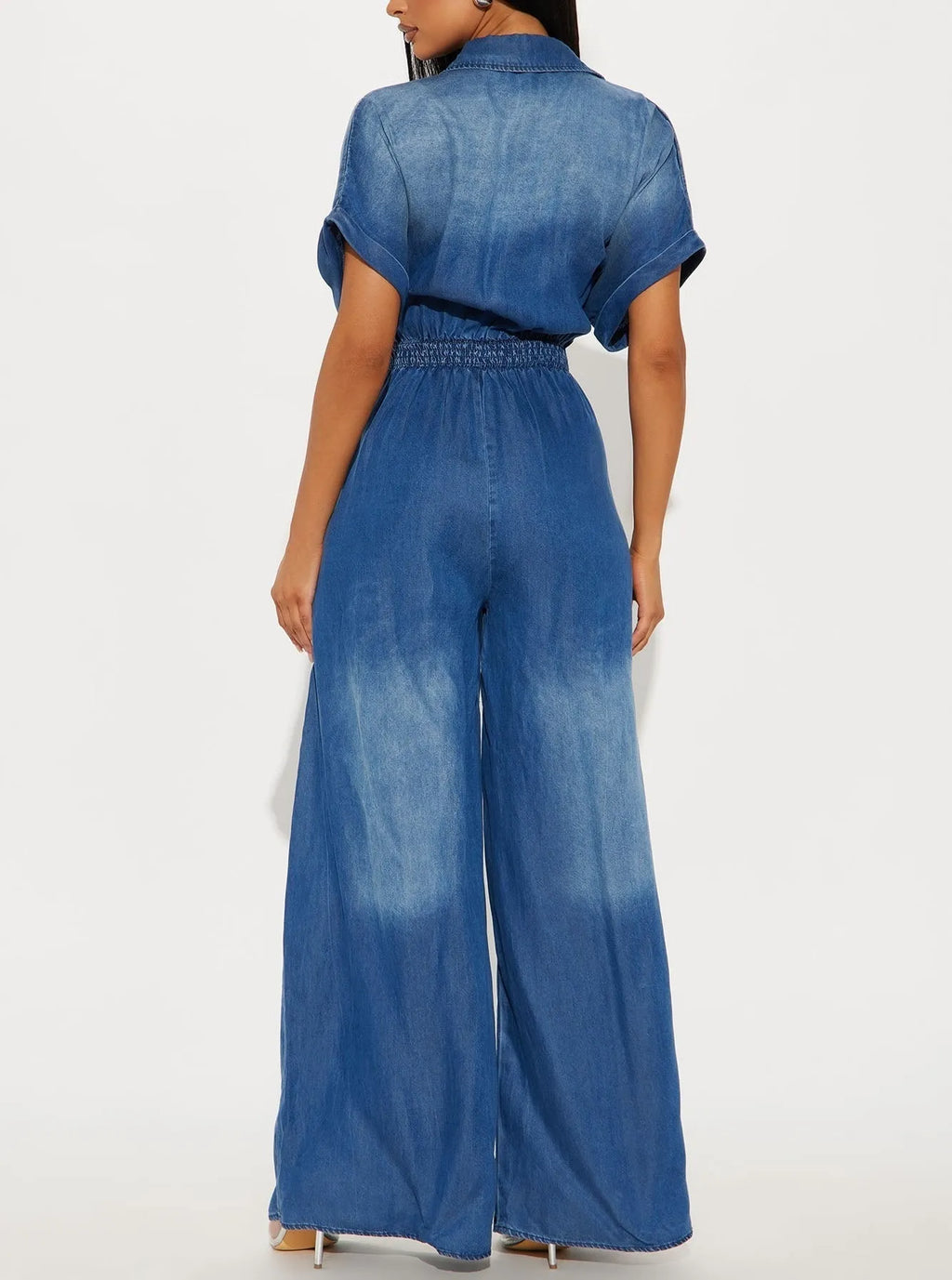 Casual Bat Sleeve Tie-Waist Tencel Denim Wide-Leg Jumpsuit