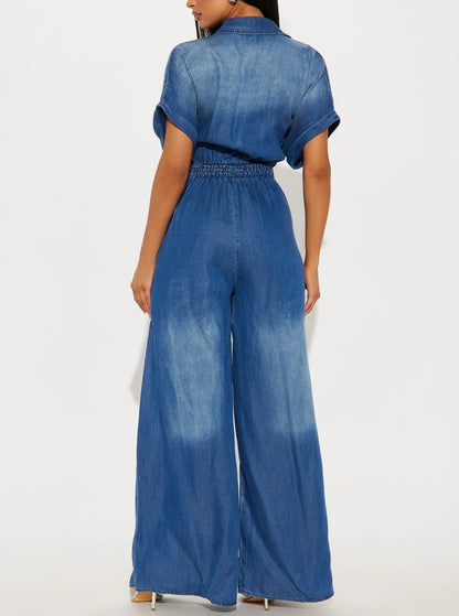 Casual Bat Sleeve Tie-Waist Tencel Denim Wide-Leg Jumpsuit