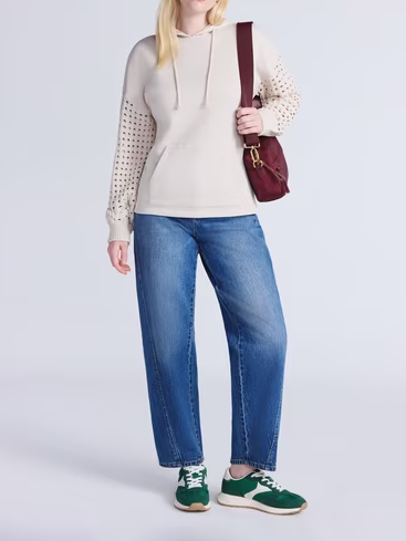 Women Mixed Knit Long Sleeve Hoodie With Pocket