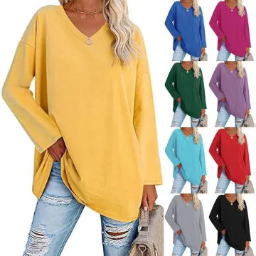 WOMENS LOOSE FASHION V-NECK TOP SHORT & LONG OPTION