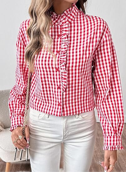 Fashionable women's plaid ruffled V-neck button-down shirt(BUY 2 FREE SHIPPING)