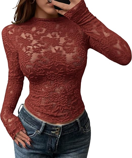 Textured Lace Mesh Long Sleeve Top