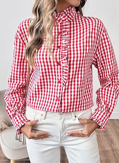 Fashionable women's plaid ruffled V-neck button-down shirt(BUY 2 FREE SHIPPING)