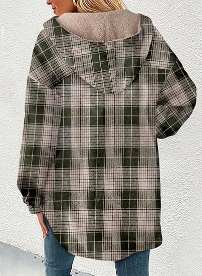 Women's Flannel Hooded Button down Fleece Plaid Shacket
