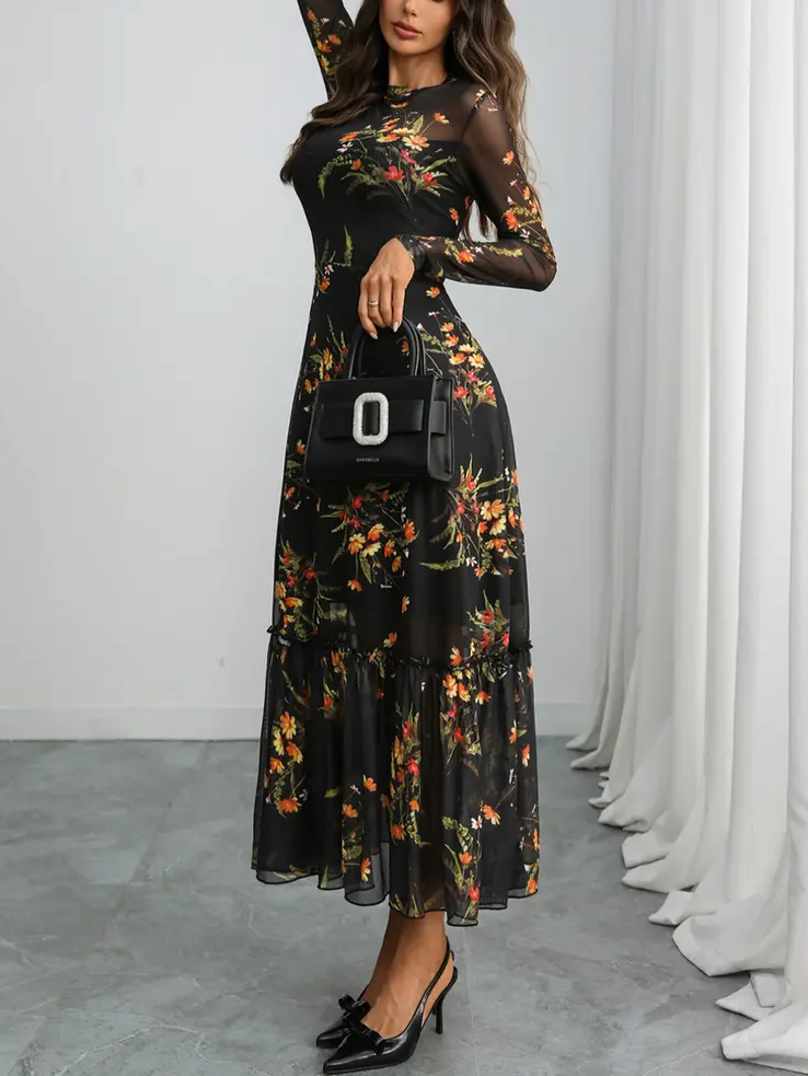 Floral Mesh Long Sleeve Midi Dress