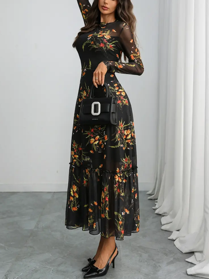 Floral Mesh Long Sleeve Midi Dress