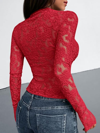 Textured Lace Mesh Long Sleeve Top