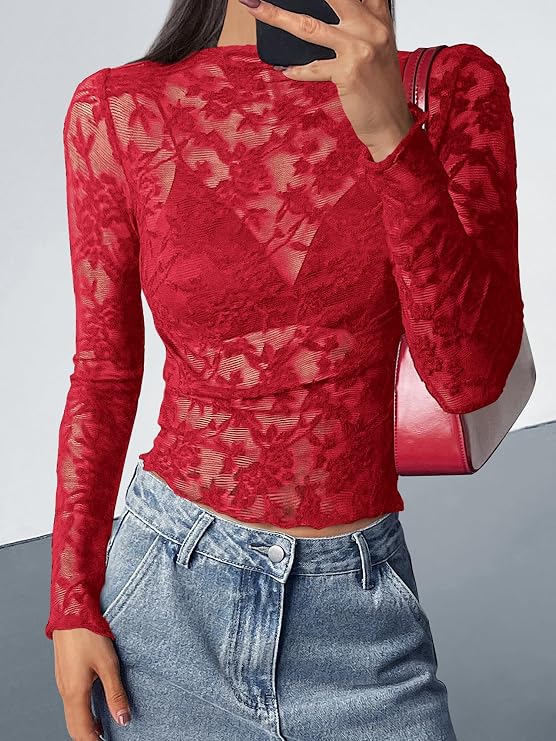 Textured Lace Mesh Long Sleeve Top