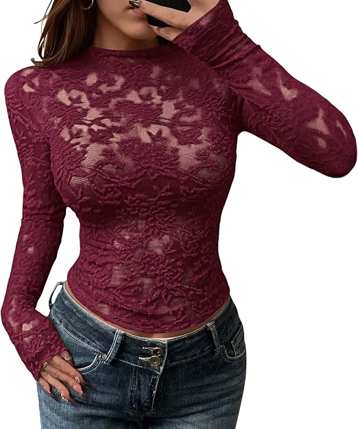 Textured Lace Mesh Long Sleeve Top