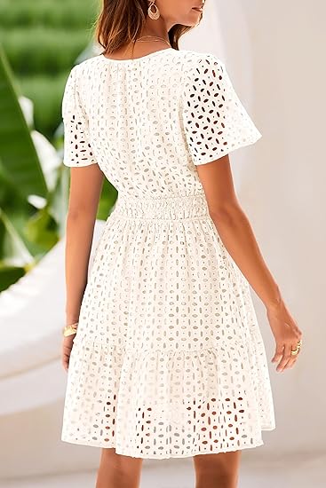 ⏰Hot Sale-Women's V Neck A Line Hollow Out Lace Dress