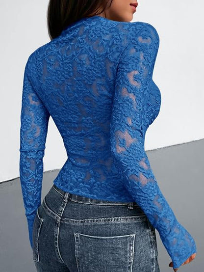 Textured Lace Mesh Long Sleeve Top