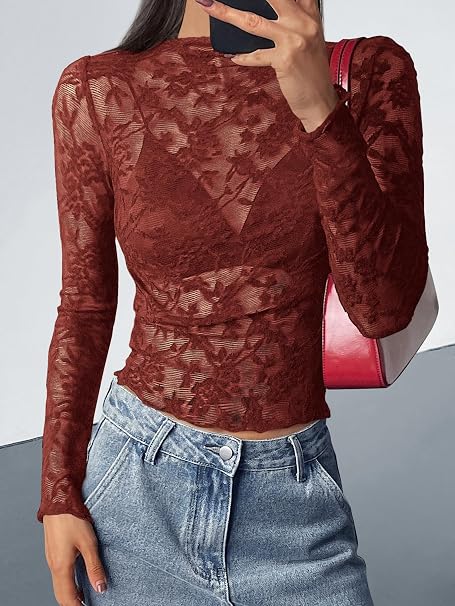 Textured Lace Mesh Long Sleeve Top
