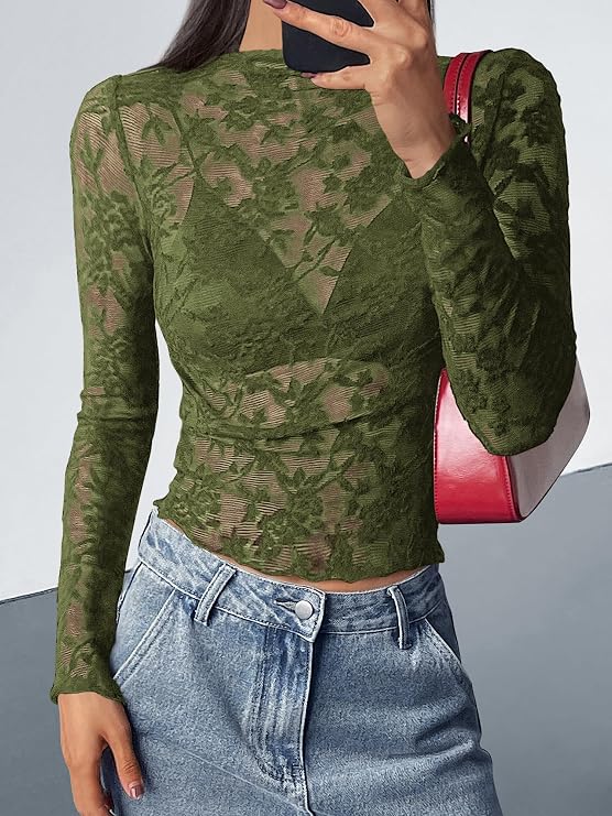 Textured Lace Mesh Long Sleeve Top