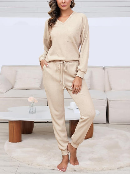 Women's V Neck Waffle Knit Two Piece Lounge Sets (Buy 2 Free Shipping)