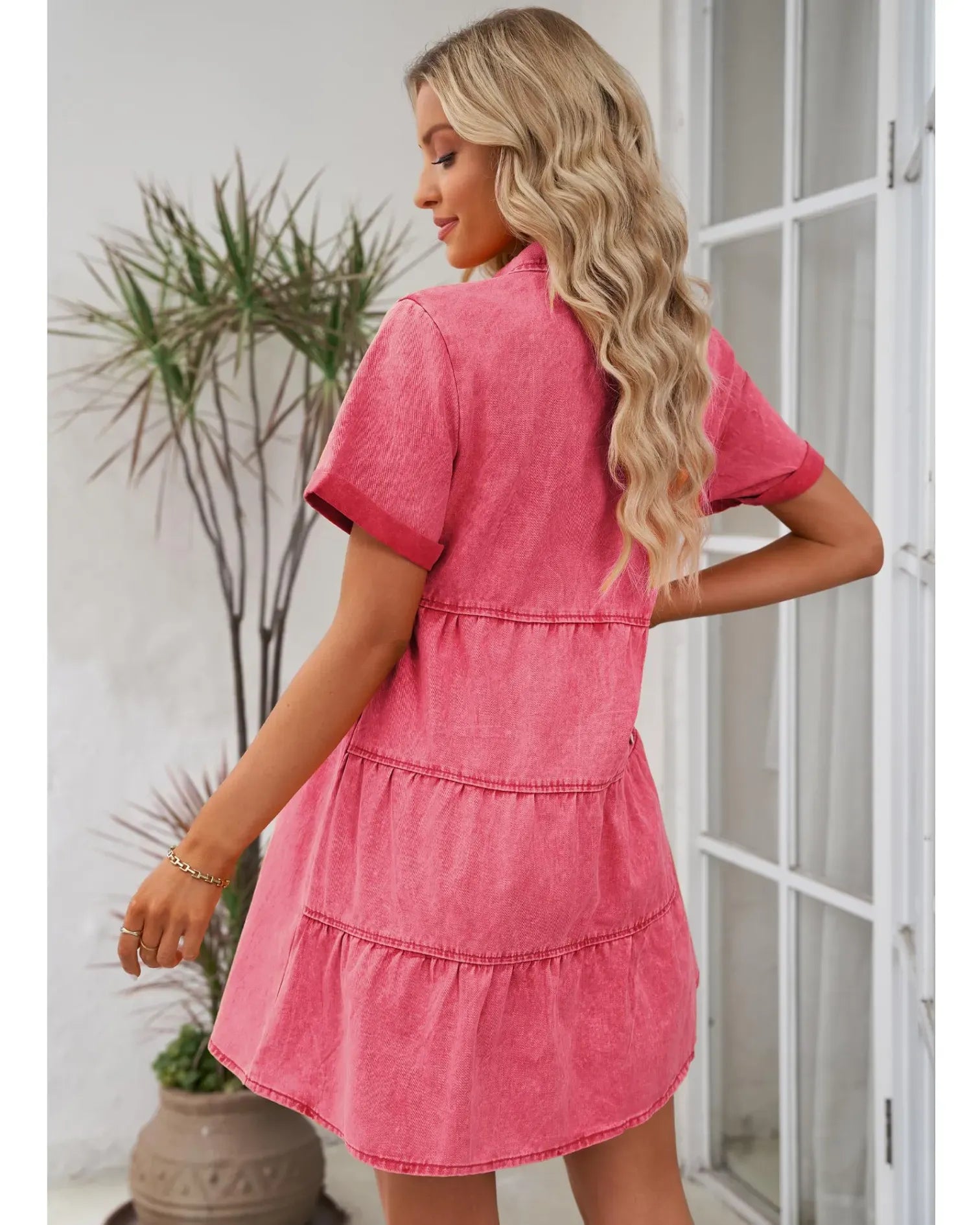 Women's Short Sleeve Button Down Flowy Tiered Babydoll Denim Dress（Buy 2 Free Shipping）