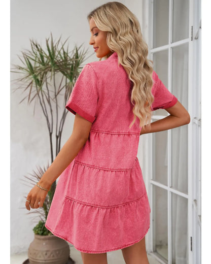 Women's Short Sleeve Button Down Flowy Tiered Babydoll Denim Dress（Buy 2 Free Shipping）