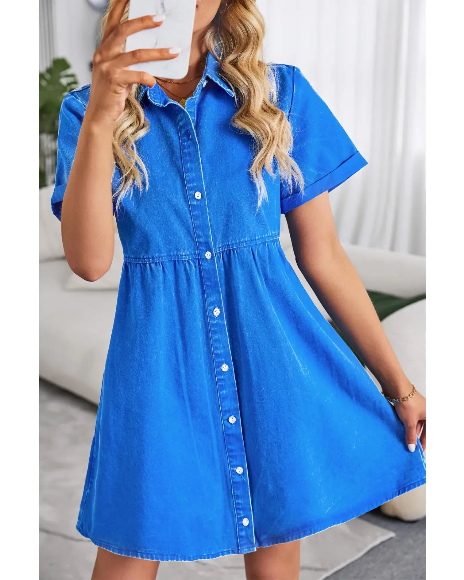 Women's Short Sleeve Button Down Flowy Tiered Babydoll Denim Dress（Buy 2 Free Shipping）