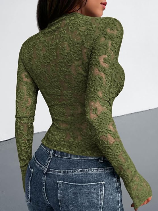 Textured Lace Mesh Long Sleeve Top