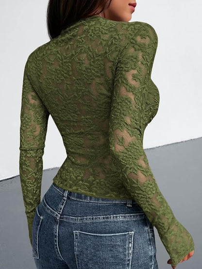 Textured Lace Mesh Long Sleeve Top