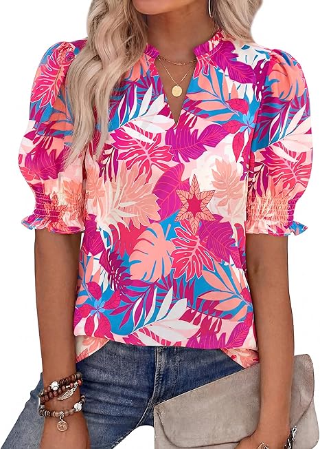 2026 New Floral Bohemian Style V-neck Puff Sleeve Short-sleeved Top(BUY 2 FREE SHIPPING)