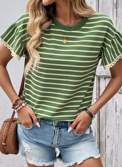 HOT SALE Women's Knit Striped Color Block Ruffled Short Sleeve Top（buy 2 free shipping）