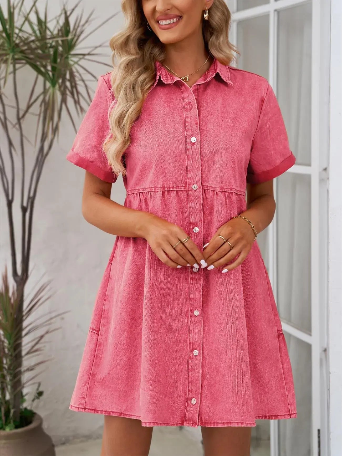 Women's Short Sleeve Button Down Flowy Tiered Babydoll Denim Dress（Buy 2 Free Shipping）