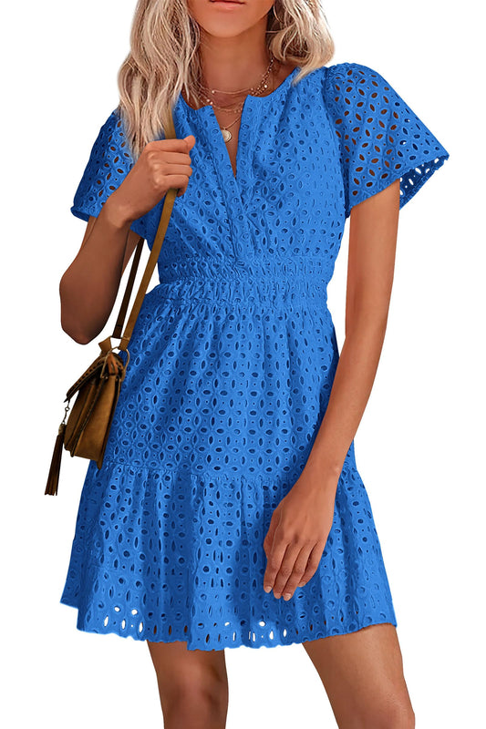 Hot Sale 49%Off-Women's V Neck A Line Hollow Out Lace Dress