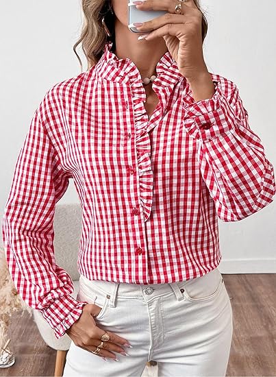 Fashionable women's plaid ruffled V-neck button-down shirt(BUY 2 FREE SHIPPING)