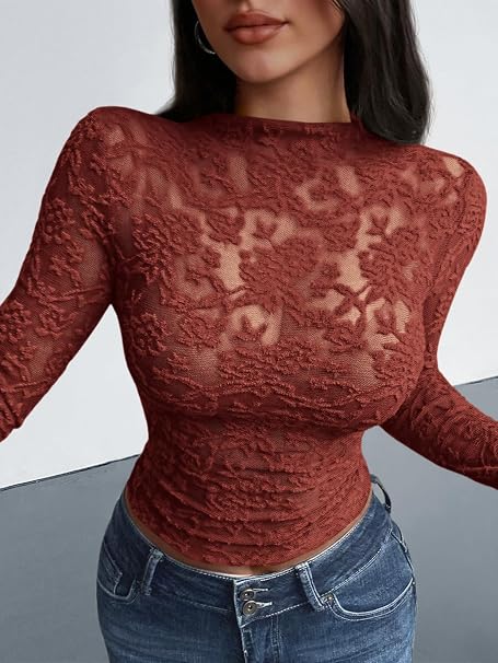 Textured Lace Mesh Long Sleeve Top