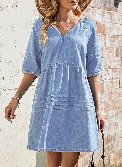 Women Casual V Neck Puff Short Sleeve Denim Dress(BUY 2 FREE SHIPPING)